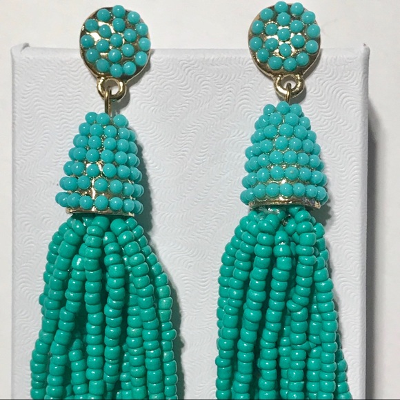 GE28 | Long Green Tassel Dangle Beads Earrings - Picture 3 of 5
